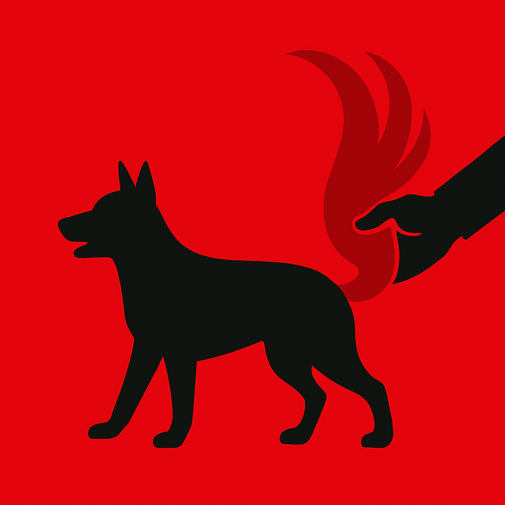 Cane stilizzato agitato da una coda rossa su sfondo rosso: metafora della manipolazione mediatica (Wag the Dog)